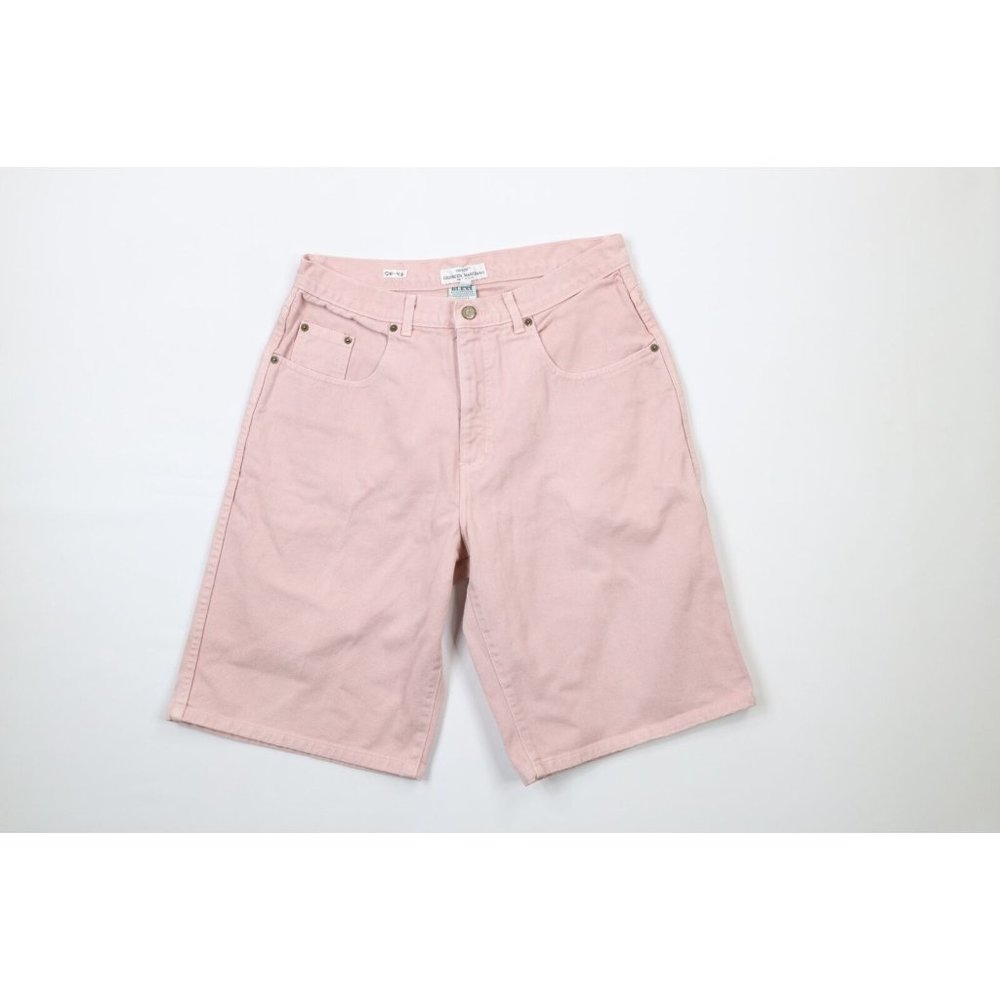 Vintage 90s Guess Jeans Mens 32 Distressed Spell Out Baggy Denim Shorts Pink USA